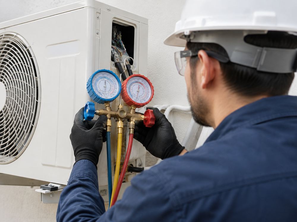 Técnico realizando recarga de gás em condensadora de ar-condicionado