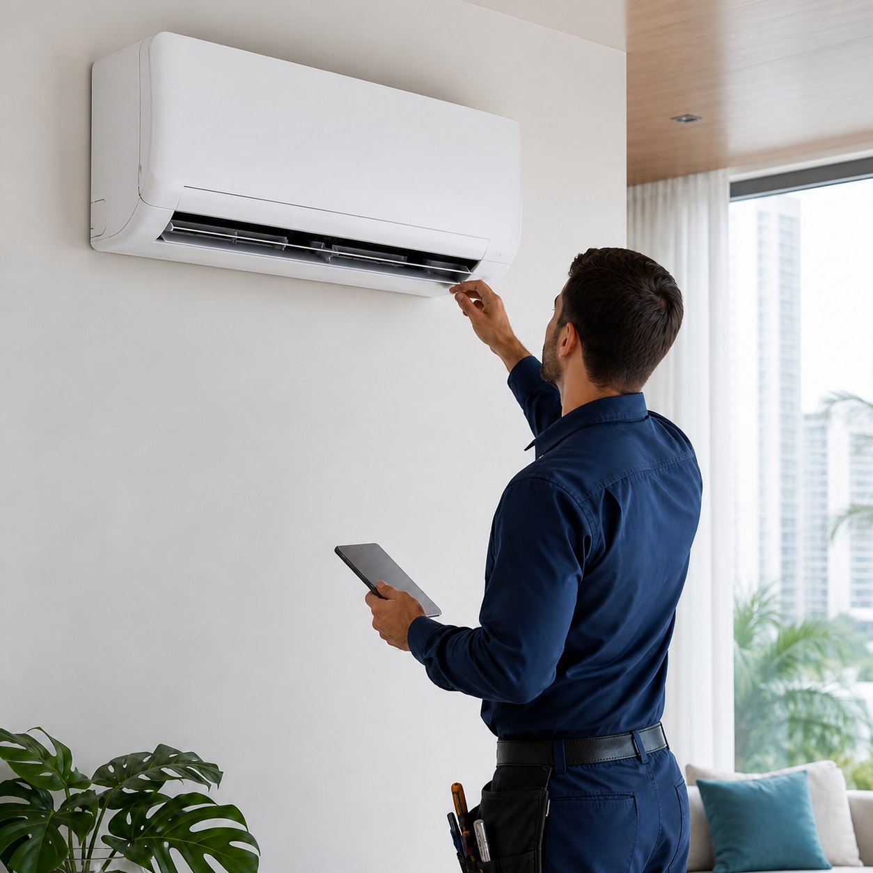 Técnico inspecionando um ar-condicionado split moderno em ambiente climatizado